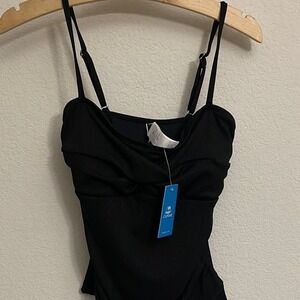 NWT Cupshe Womens Black Ribbed Twist Front Tankini Top Size Medium